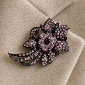 Vintage Pink Rhinestone Floral Brooch Whimsigoth Dark Glam Statement Pin Y2K